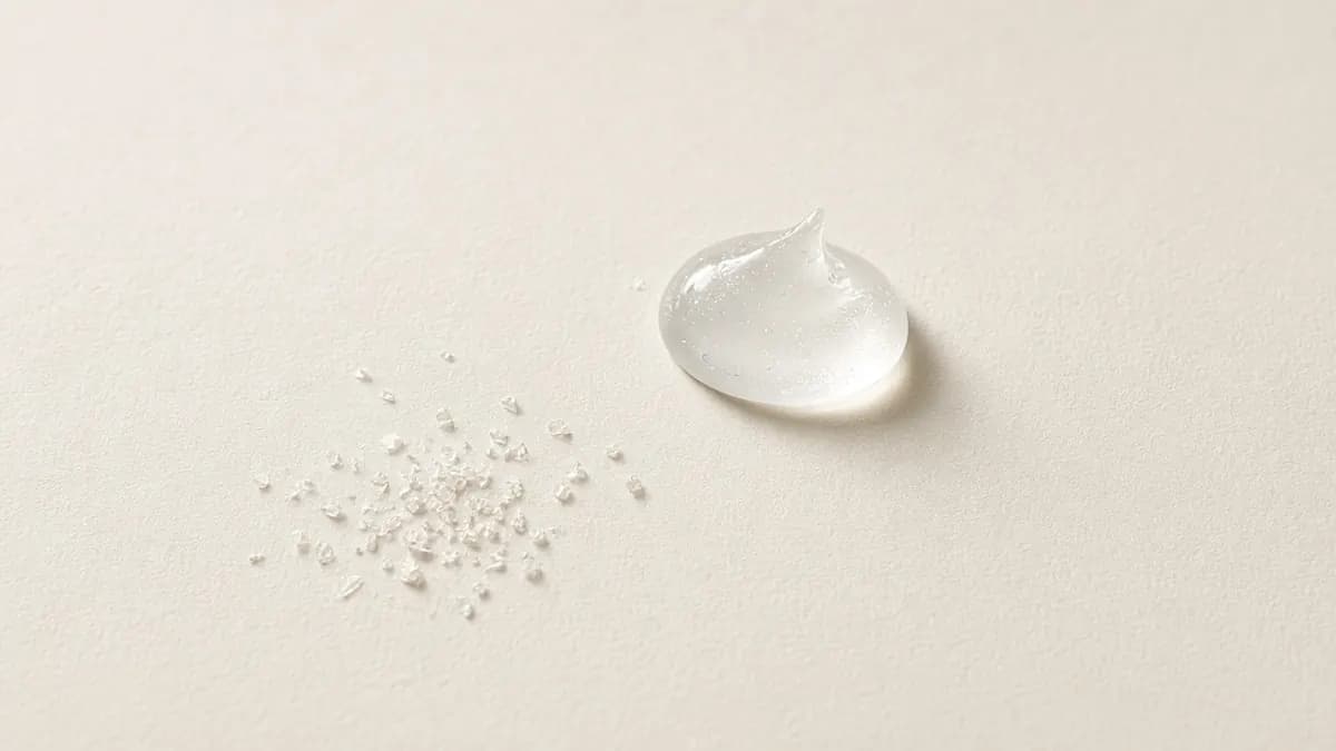 A small mound of fine white powder beside a clear gel swatch on cream paper