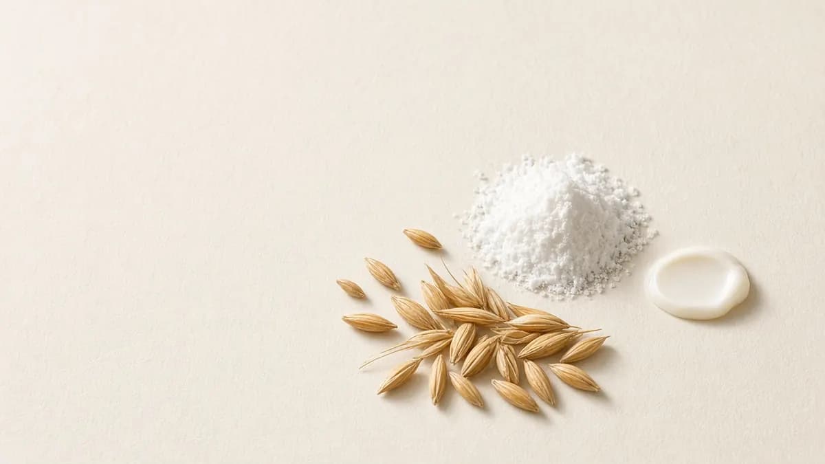Whole grains of wheat and barley next to white crystalline powder and a cream swatch