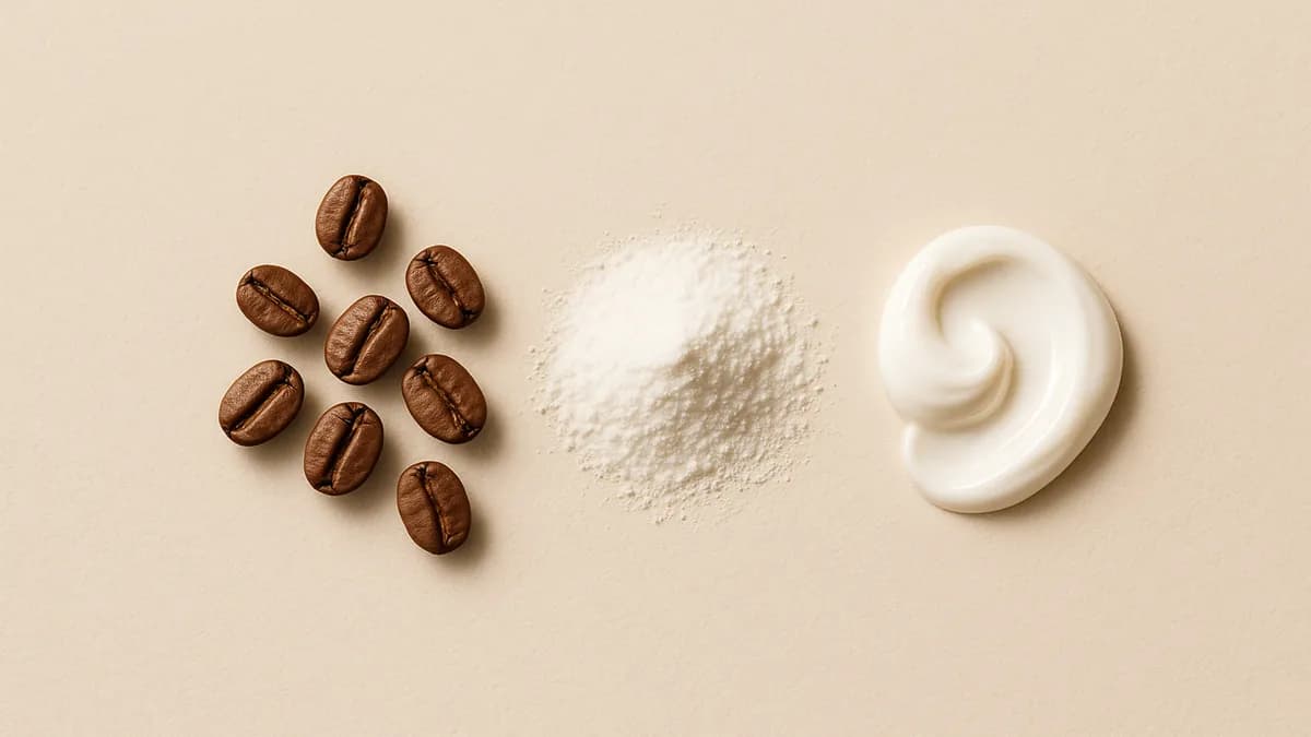Roasted coffee beans beside a small mound of white caffeine powder and a swirl of white cream on cream paper