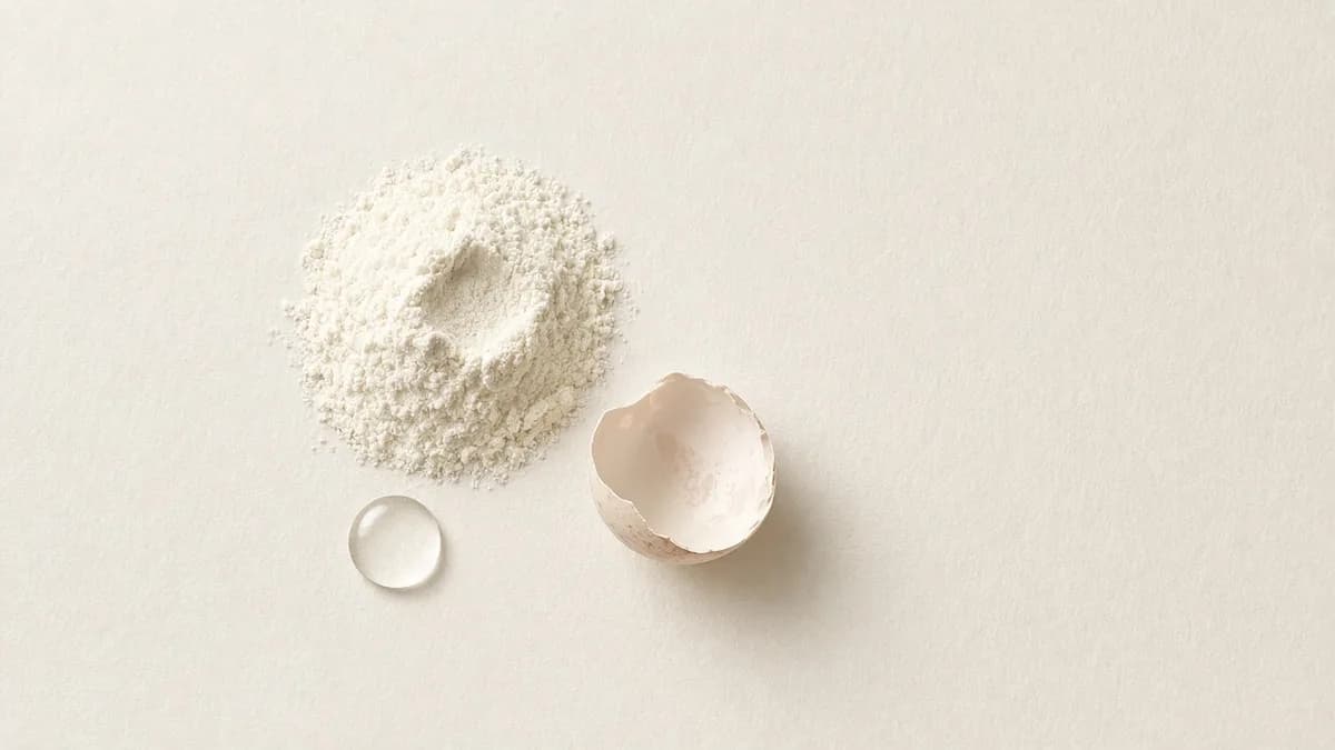 A small heap of white collagen powder beside a clear gel drop and a cracked eggshell half
