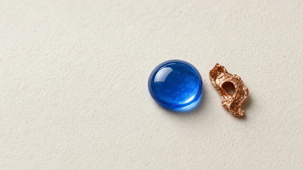 A domed sapphire-blue serum drop beside a small piece of raw copper