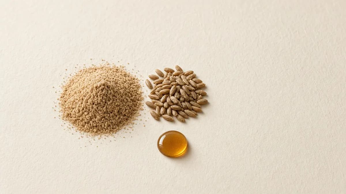 Wheat bran and grains beside a small amber serum drop