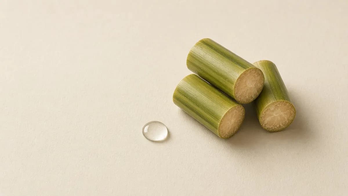 Cut pieces of green sugarcane beside a clear droplet