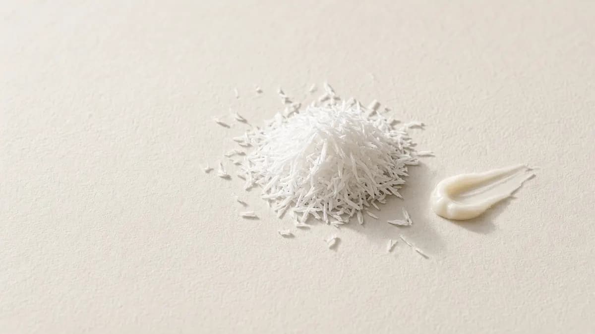 A mound of white crystalline powder beside a thin cream swatch