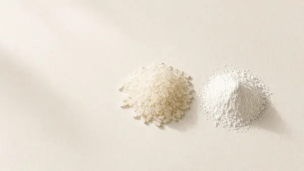 Pale fermented rice grains next to a mound of white powder