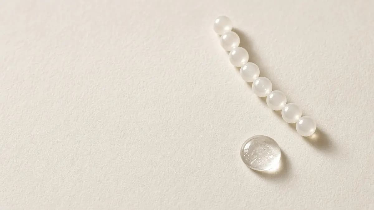 A line of clear connected beads suggesting a peptide chain, beside a droplet