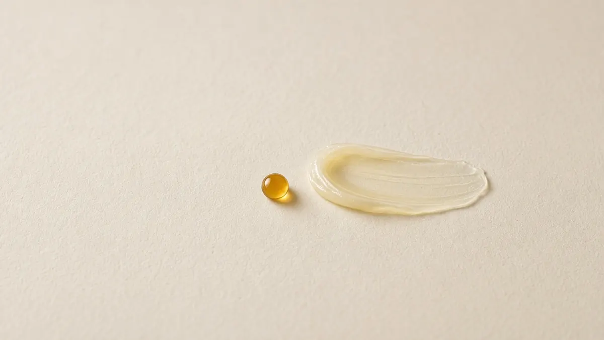 A small amber capsule-like drop beside a pale yellow serum swatch