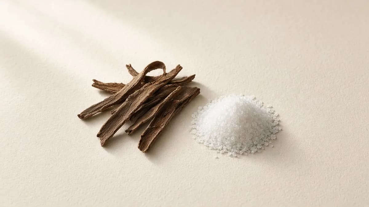 Strips of willow bark beside a mound of white crystalline powder