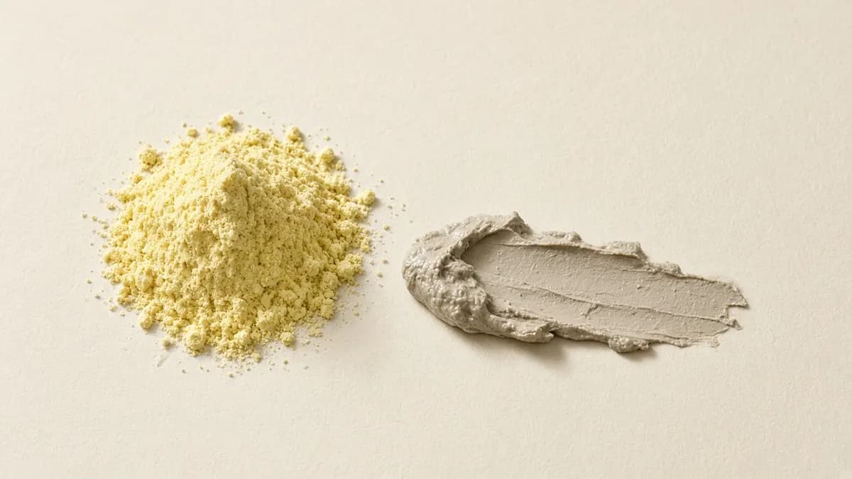 A mound of pale yellow sulfur powder beside a grey clay-like swatch