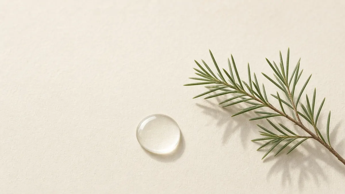 A sprig of tea tree leaves beside a clear oil droplet