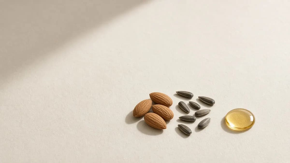 Almonds and sunflower seeds beside a golden oil drop