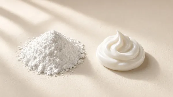A mound of white mineral powder beside a swirl of white cream