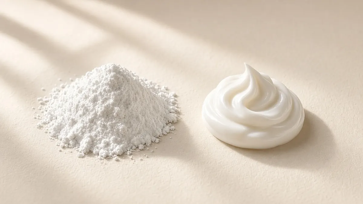A mound of white mineral powder beside a swirl of white cream