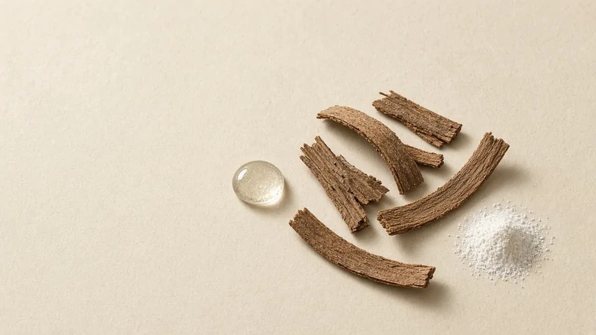 Willow bark strips beside a clear droplet and white powder