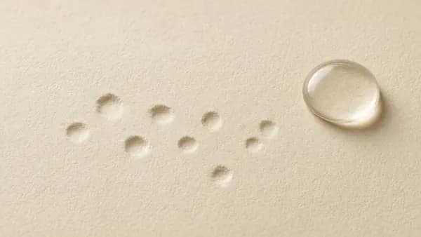 Small round dents pressed into cream paper beside a clear gel drop, suggesting textured skin