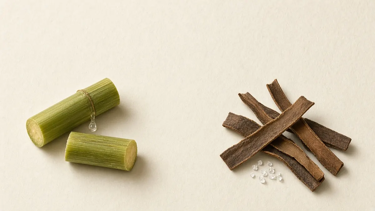 Green sugarcane pieces beside strips of willow bark