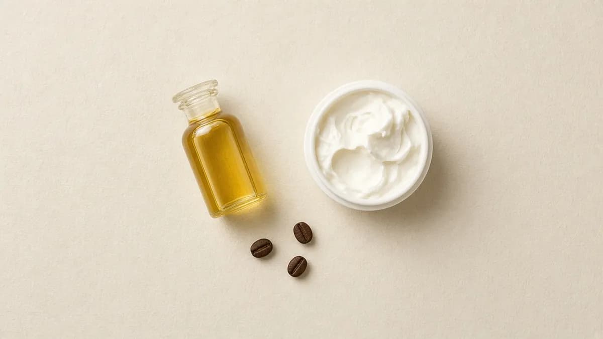 A small glass bottle of golden oil beside an open jar of whipped white body butter and three coffee beans
