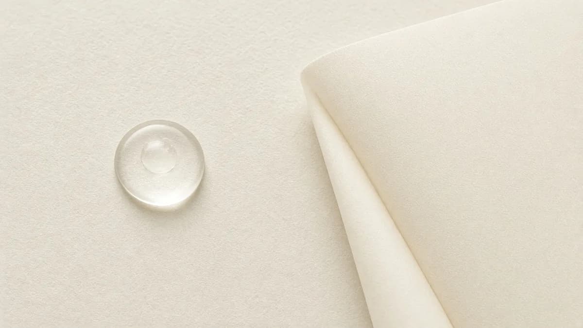 A clear serum drop beside a sheet of cream paper with one soft fold