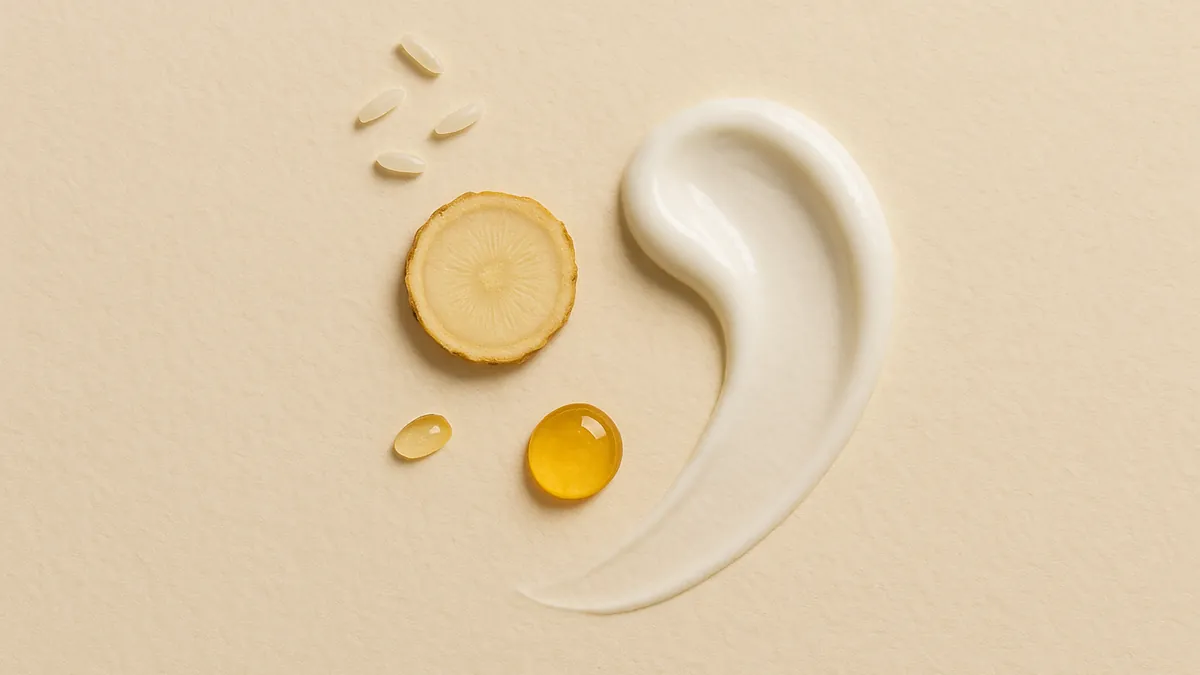 Grains of white rice, a slice of ginseng root and golden propolis drops beside a swirl of white cream