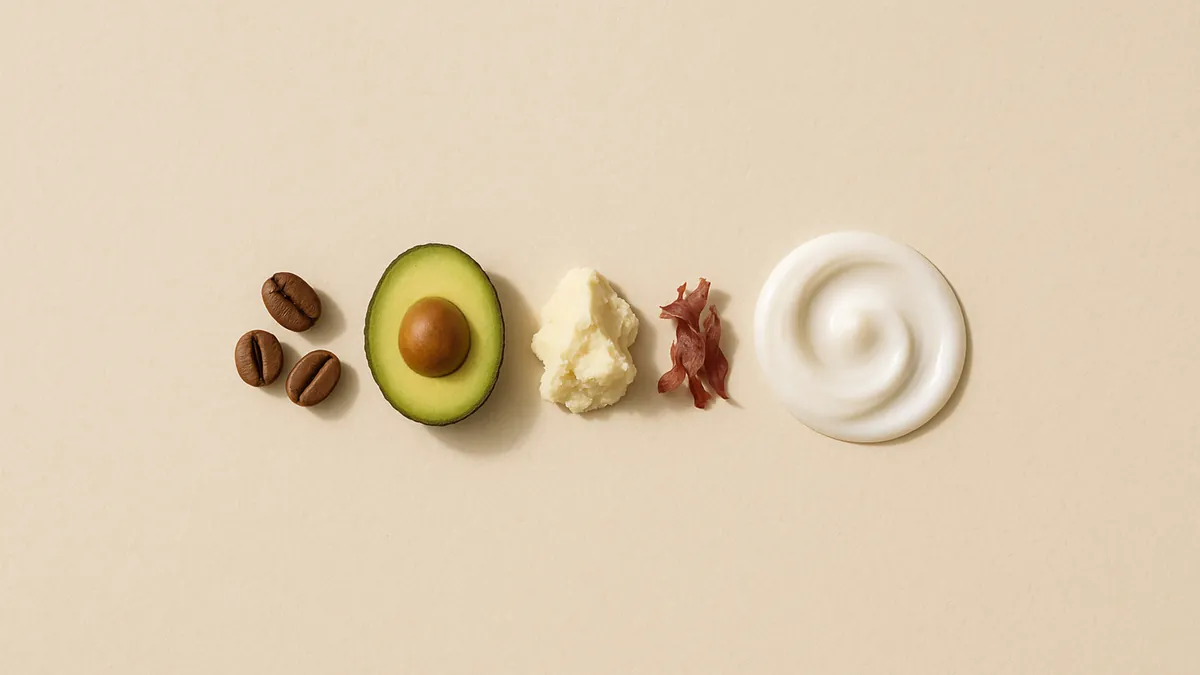 A row of coffee beans, half an avocado, a piece of shea butter and dried red seaweed beside a swirl of white cream