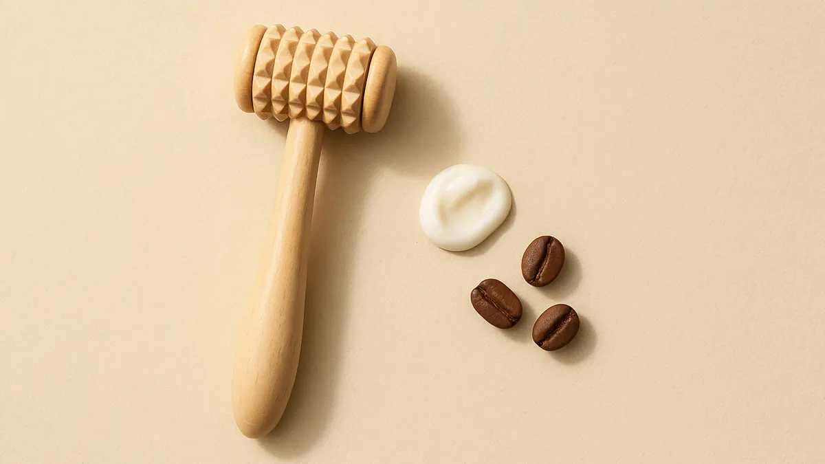 A wooden massage roller beside a small dab of white cream and a few coffee beans