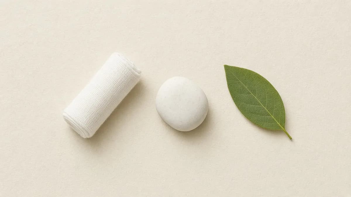 A rolled white cotton bandage, a white pebble and a green leaf in a row