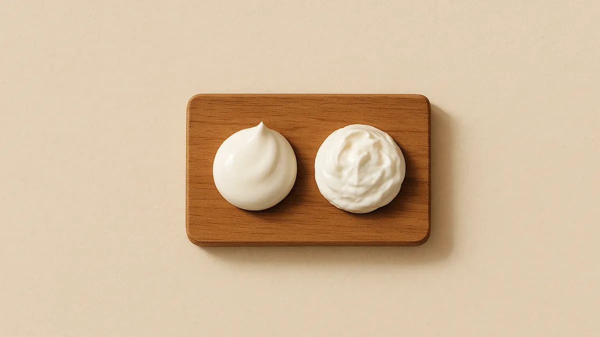 Two dollops of white cream on a small wooden board, one smooth and one dimpled