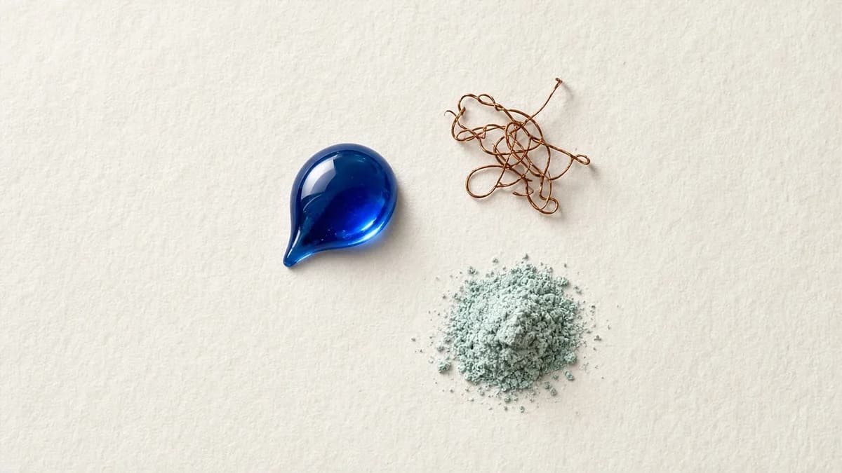 A glossy sapphire-blue serum drop beside curls of fine copper wire and a small mound of blue-green powder