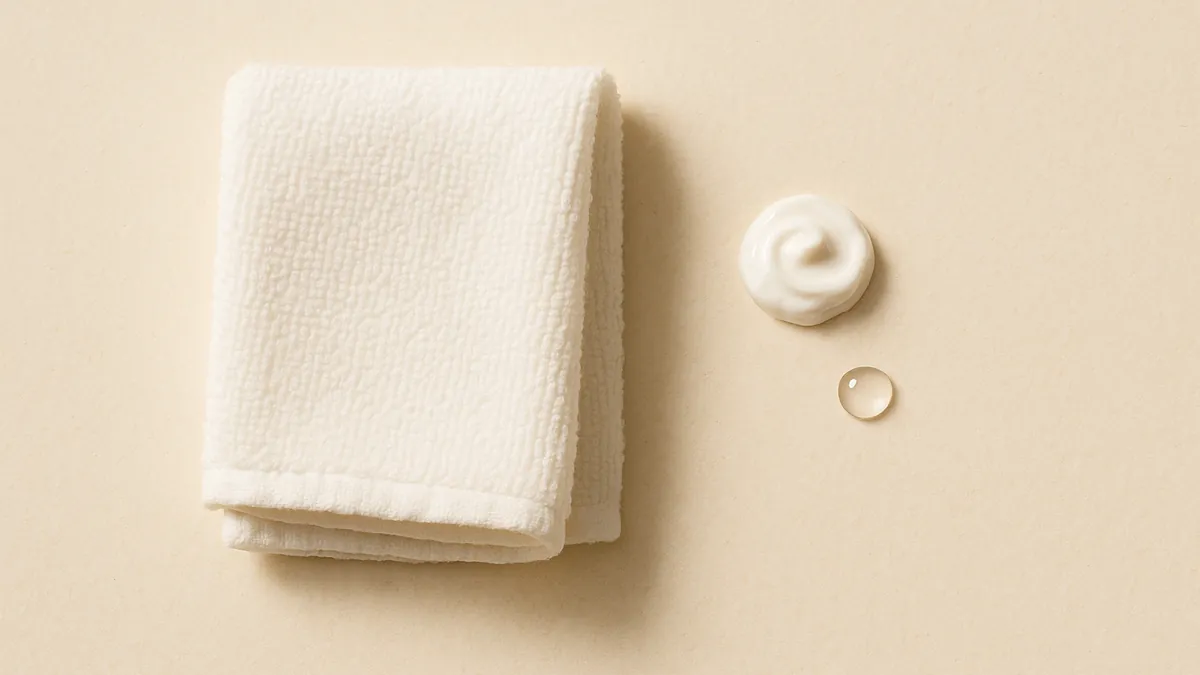 A folded white cotton face towel beside a small dab of white cream and a clear water droplet