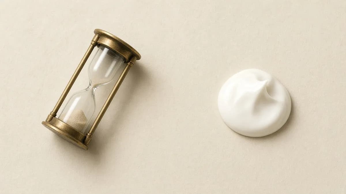 A small brass hourglass lying on its side beside a dollop of white body cream