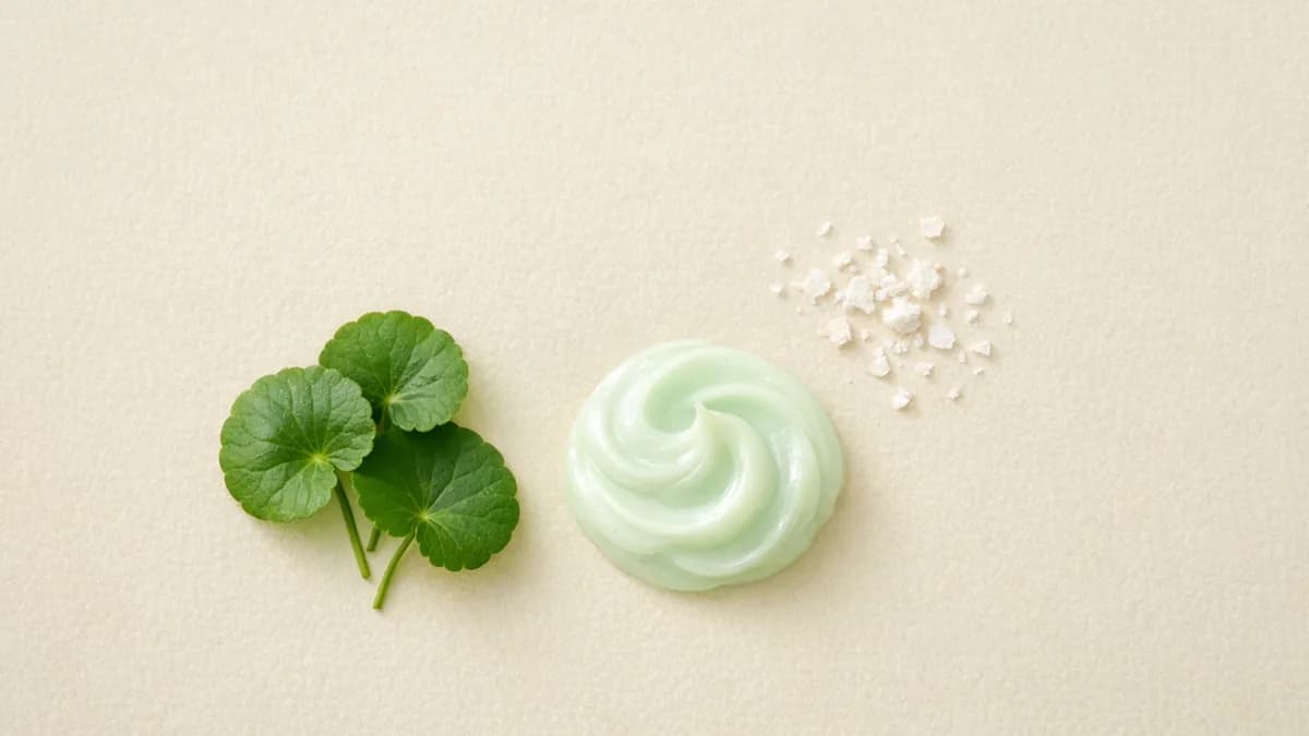 Three round green gotu kola leaves, a swirl of pale mint-green gel cream and a small scatter of white crumbly flakes on cream paper