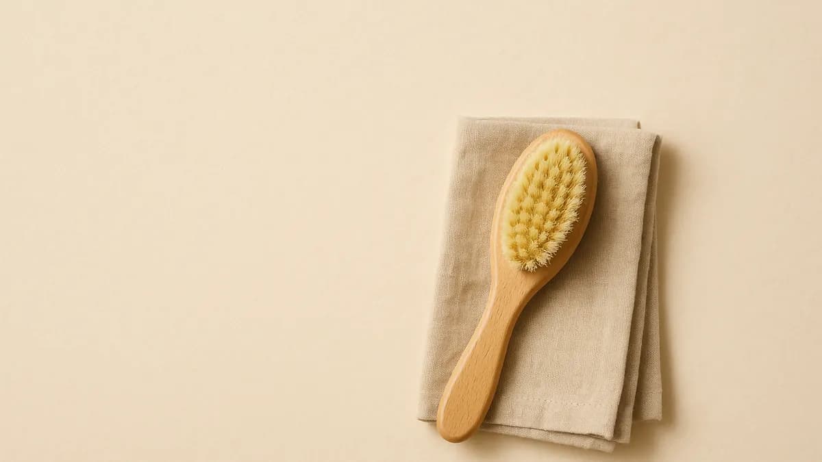 A wooden body brush with pale bristles resting on a folded linen towel