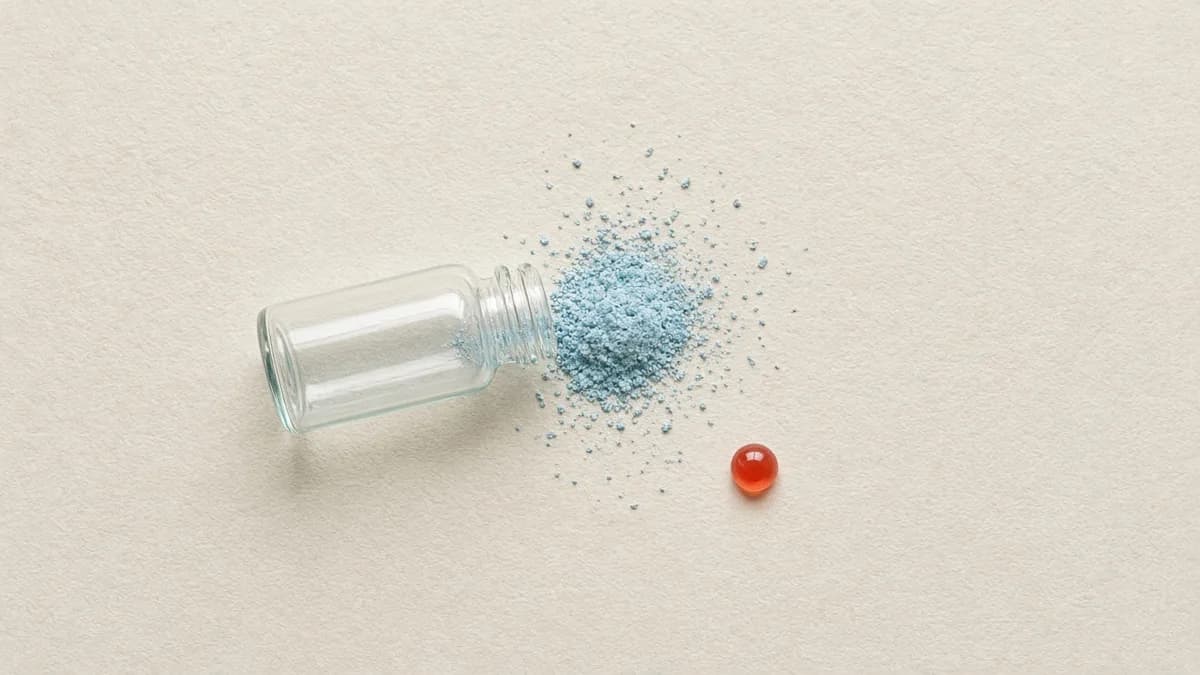 An empty glass vial on its side spilling pale blue powder, with a single red-orange drop set apart