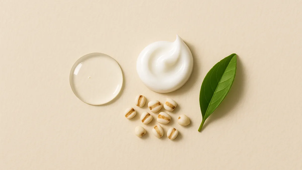 A clear pool of watery lotion, a swirl of white cream, a few pearl barley grains (Job's tears) and a green tea leaf on cream paper