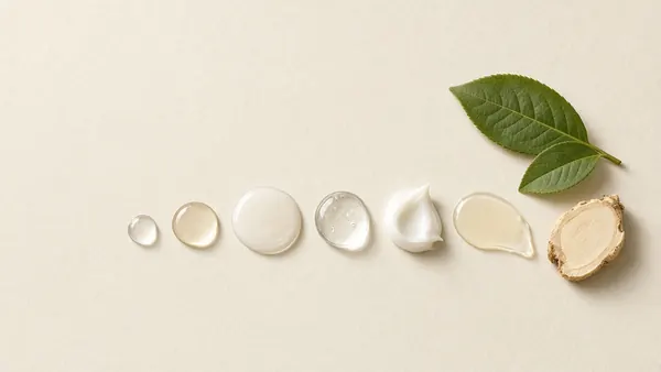 Clear and milky skincare swatches laid out in a row from thin to thick, beside green leaves and a slice of ginseng root