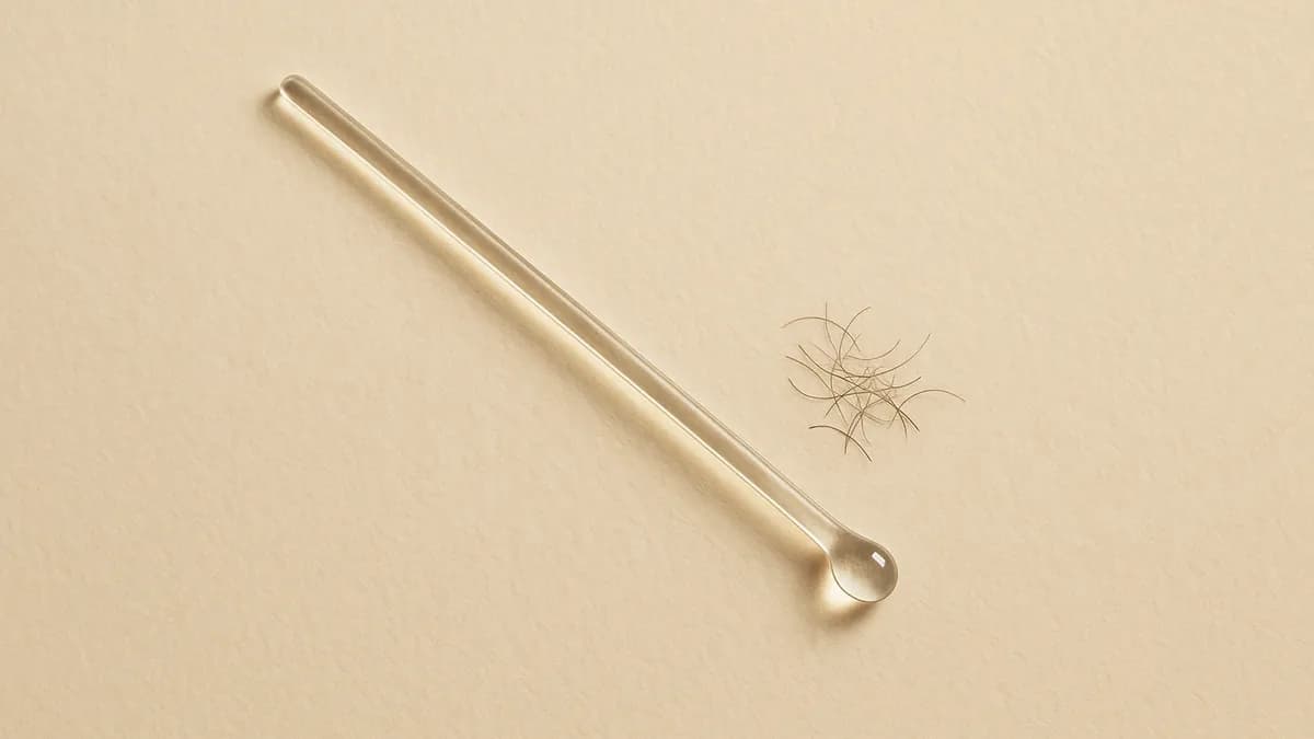 A slim clear glass rod with a single clear droplet at its tip beside a small tangle of fine dark hairs on cream paper