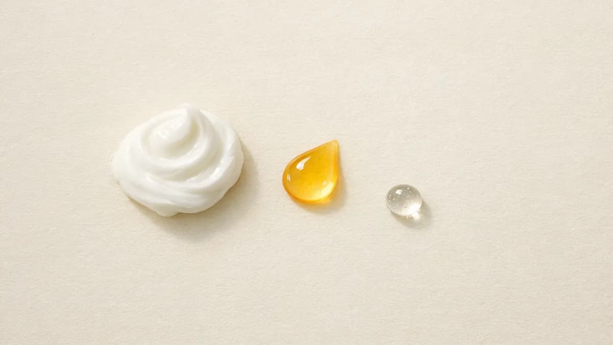 A soft swirl of thick white face cream beside a glossy amber droplet and a small clear bead of gel on cream paper