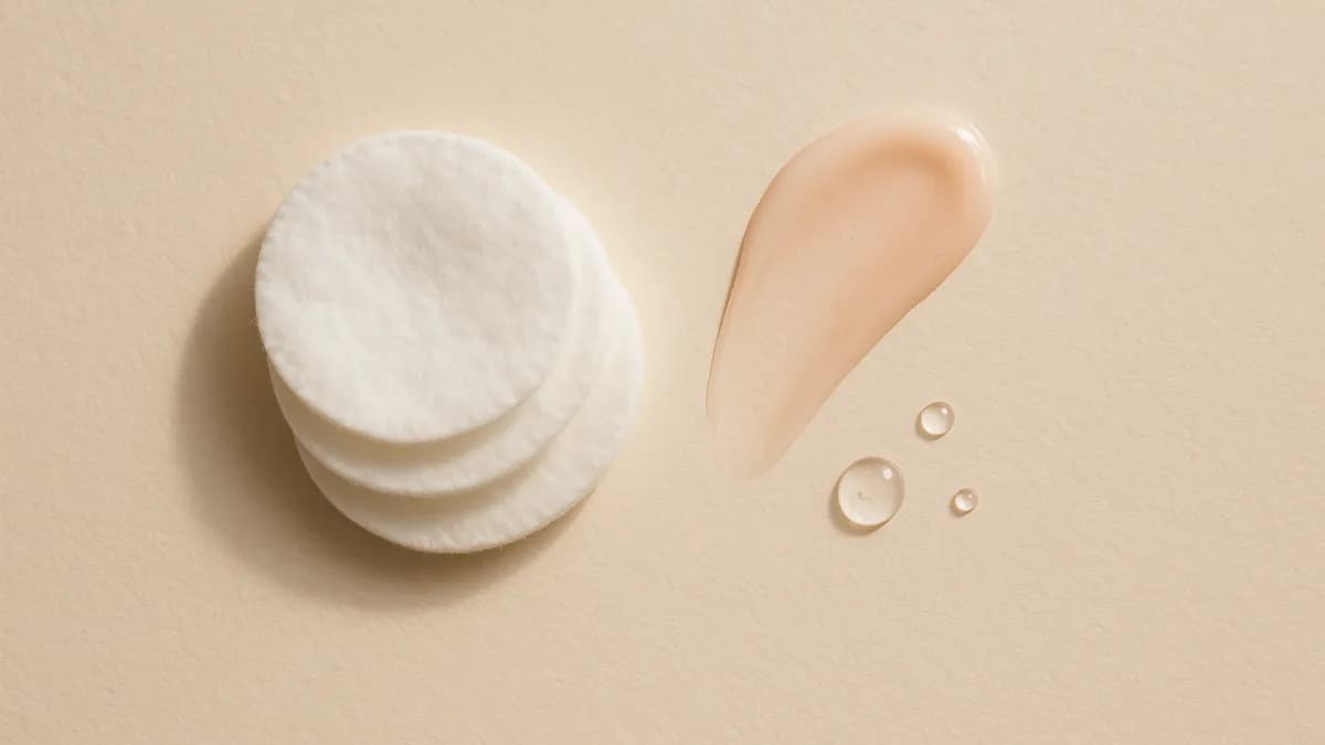 A stack of round cotton pads beside a pale pink gel swatch and a few clear serum drops