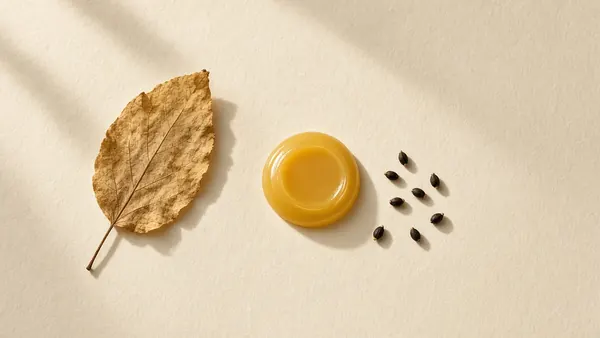 A dried, papery leaf beside a golden balm and scattered seeds