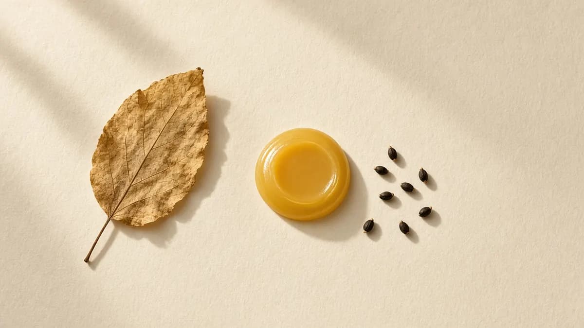 A dried, papery leaf beside a golden balm and scattered seeds