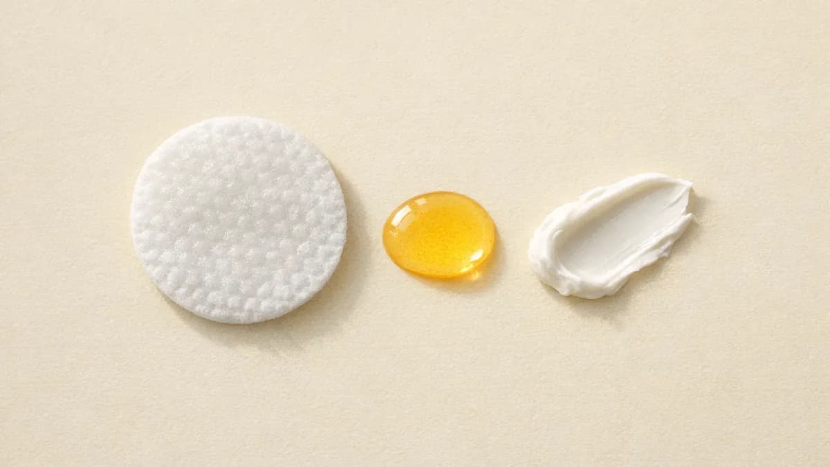 A round white cotton pad, a small pool of clear golden serum and a swipe of thick white cream in a row on cream paper