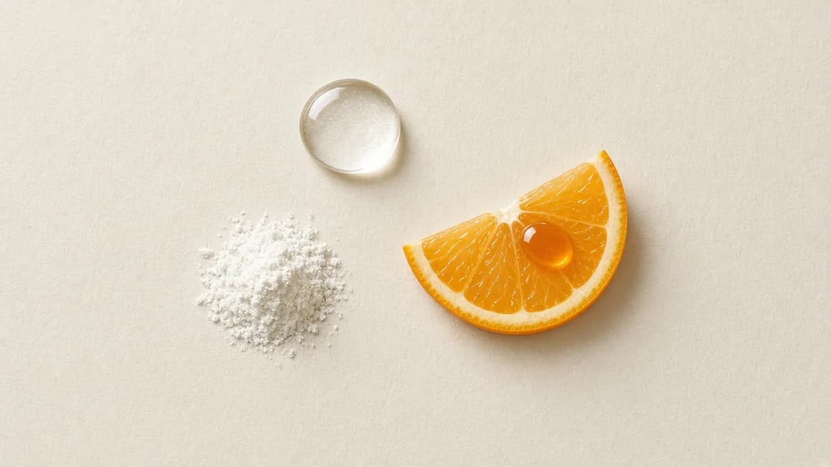 A clear peptide drop, a slice of orange and a small pile of white niacinamide powder