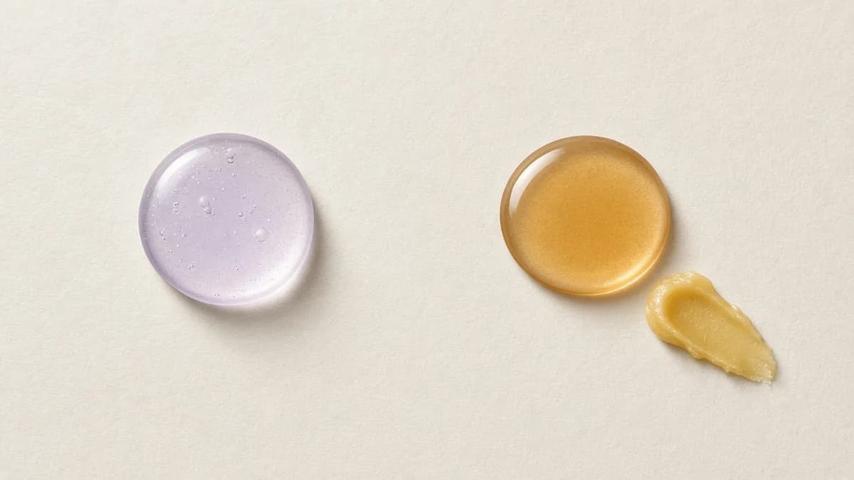 A pale lilac peptide drop on one side and an amber retinol drop with a swatch of golden balm on the other