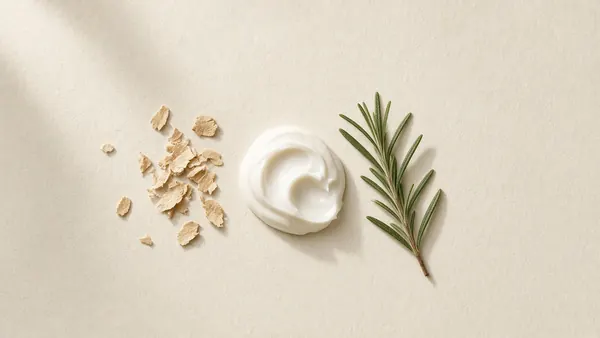 Small dry flakes beside a swirl of white cream and a sprig of tea tree