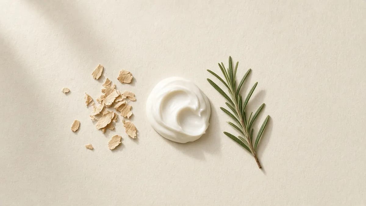 Small dry flakes beside a swirl of white cream and a sprig of tea tree