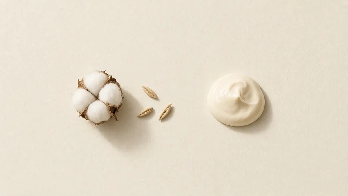 Soft cotton bolls beside oat flakes and a dab of plain white cream
