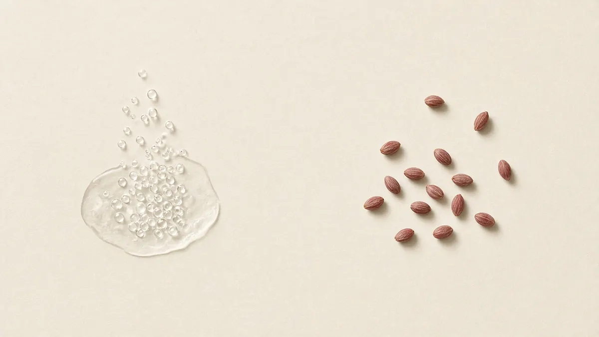 A clear splash of liquid beside scattered reddish seeds