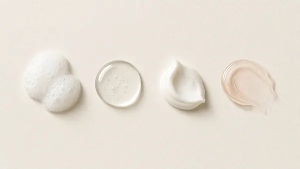 Swatches of foam, gel, cream and lotion laid out in a row from thin to thick