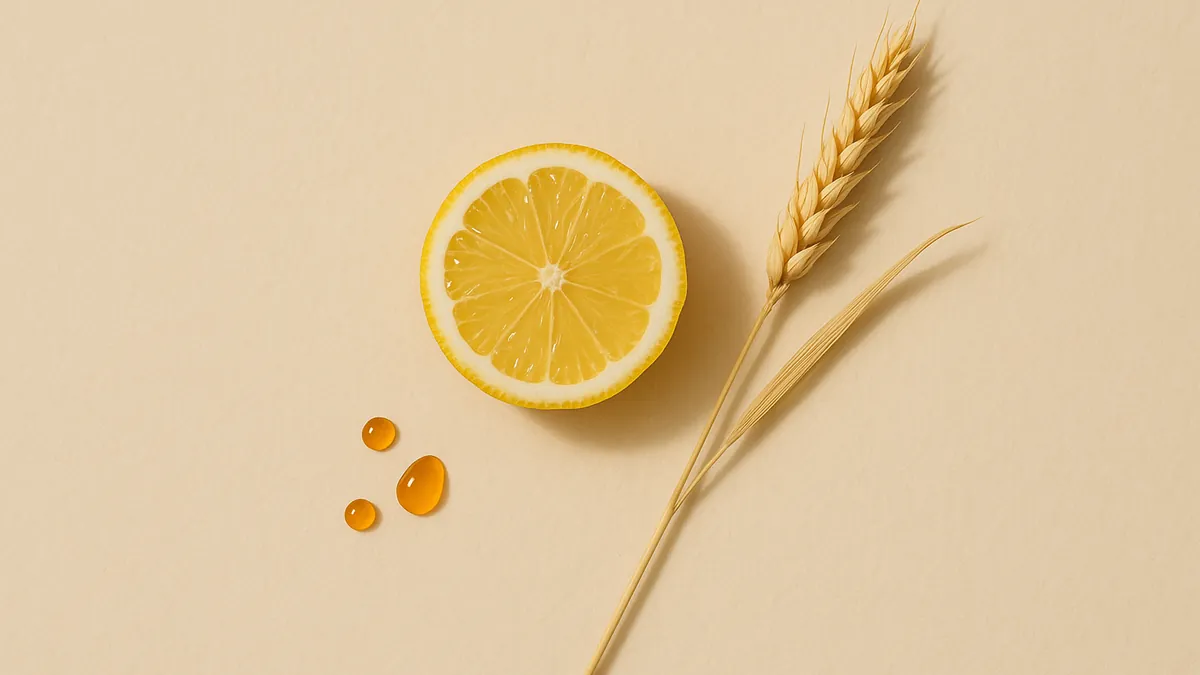 A halved lemon, a stalk of wheat and a few small amber serum drops on cream paper