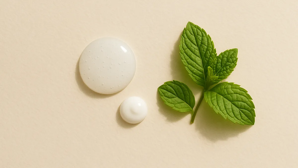 A round dab of pearly gel cleanser, a smaller dab of white lotion and a sprig of fresh mint leaves